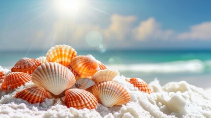 
close up Orange shells single are stuck on a pile of white sand, the blue sea is blurry in the background, and the sun is bright