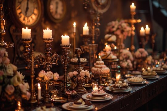 A table is filled with a colorful array of cakes decorated with various toppings and surrounded by lit candles, Steampunk themed wedding in a Victorian setting, AI Generated