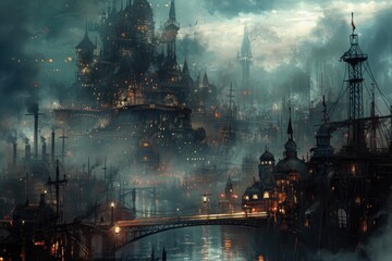 This photo captures a painting depicting a cityscape where thick smoke envelops the towering skyscrapers against the backdrop of a dusky sky, Steampunk-inspired cityscape, AI Generated