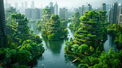 Gordijnen Miniature city with green grass and bokeh background, ecology concept © Aliaksandra