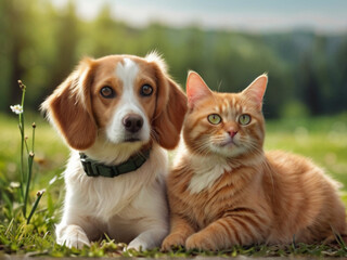 Cat and dog friendly sitting together on green meadow,  concept of unexpected friendship