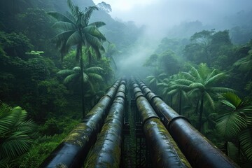 A large metal pipe stands tall in the midst of a dense forest, blending with the natural surroundings, Steamy industrial pipelines in a tropical rainforest, AI Generated