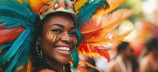 In the midst of the Carnival parade's exuberant display, a stunning woman adds an extra touch of beauty to the vibrant scene