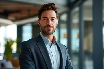 Charismatic professional businessman with beard wearing modern suit in modern office environment