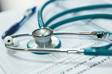 A stethoscope rests on a medical paper, symbolizing the connection between healthcare professionals and patient care, Stethoscope on the medical report, AI Generated