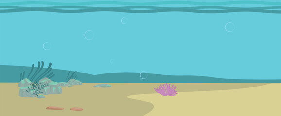 Underwater vector background. Cartoon flat design. Suitable for apps,games, educational worksheets, place for text. 