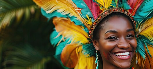 As the Carnival parade unfolds in a riot of colors, a captivating woman adds her own radiant presence to the lively spectacle