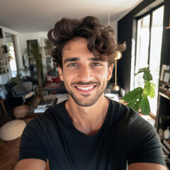 Selfie picture of a happy young handsome man in his new apartment