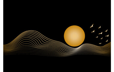 Minimal landscape art with golden sun and line art texture. Abstract art wallpaper for prints, Art Decoration, wall arts and canvas prints. Vector illustration
