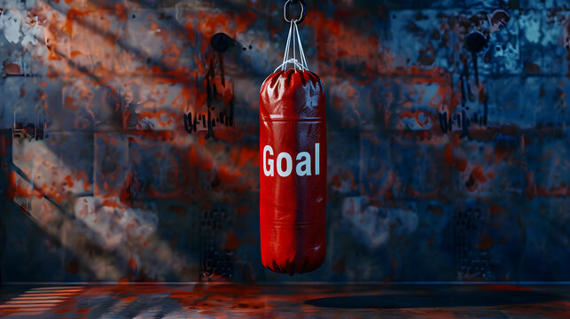 heavy punching bag with word “Goal” on minimal background, setting goals and planning leads to success