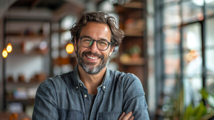 A stylish man wearing glasses and a denim shirt smiles warmly while standing in a cozy café setting