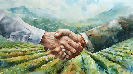 close up the hands of businessmen and hand of farmer are shaking hands. the background is green tea farm