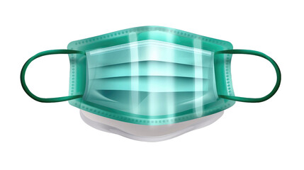 Green medical protective face or surgical earloop mask isolated on transparent background