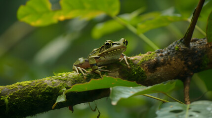 Obraz premium A frog resting on a tree branch in dense jungles. Neural network generated image. Not based on any actual scene or pattern.