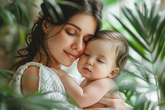 A serene image capturing a tender moment between a mother and her baby nestled against each other, surrounded by lush green foliage that enhances the moment of intimacy and peace.