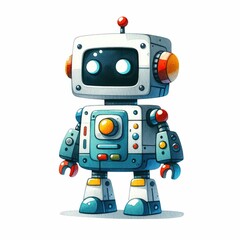 Robot character with different design and abilitie. watercolor illustration, Cute robot toy sticker with cartoon lettering.
