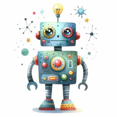 Fototapeta premium Robot character with different design and abilitie. watercolor illustration, Cute robot toy sticker with cartoon lettering.