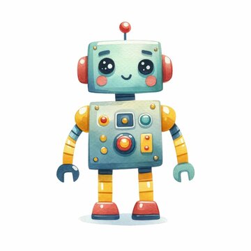 Robot character with different design and abilitie. watercolor illustration, Cute robot toy sticker with cartoon lettering.