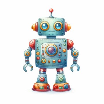 Robot character with different design and abilitie. watercolor illustration, Cute robot toy sticker with cartoon lettering.
