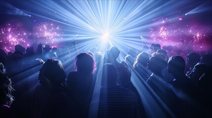 The starburst background illuminates the silhouette of a crowd of party people.