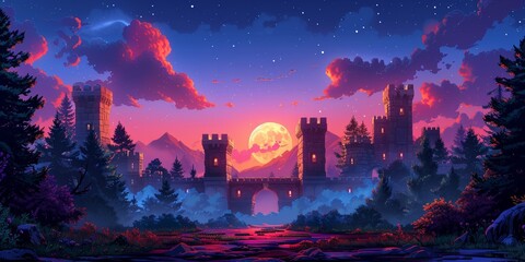 A mysterious castle on top of a hill, silhouetted against a moonlit night sky. - obrazy, fototapety, plakaty