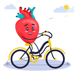 Cute Character Human Heart Riding Bike Vector Illustration