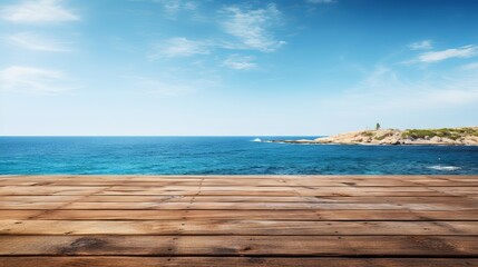 Fototapeta premium Serene Coastal Scene: Wooden Table Against Island Horizon & Azure Sky | Canon RF 50mm f/1.2L USM