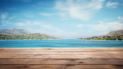 Fototapeta premium Serene Coastal Scene: Wooden Table Against Island Horizon & Azure Sky | Canon RF 50mm f/1.2L USM