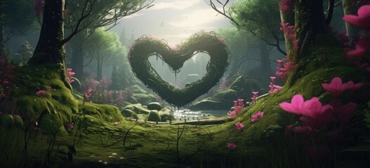A close-up of a khaki wooden heart nestled in a serene forest, surrounded by a softly blurred natural backdrop