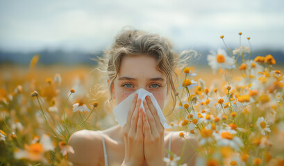 Young woman with a symptoms of a pollen allergy blowing her nose in a blooming meadow. A sick girl sneezes into a tissue. Chamomile field background. Seasonal hay fever concept. - obrazy, fototapety, plakaty