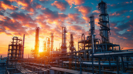 Sunset sky over an industrial oil refinery with towering distillation units and intricate pipelines. The warm light of the setting sun highlights the metallic structures.