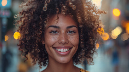 Beautiful woman with curly hair and a warm smile posing against a city lights background - obrazy, fototapety, plakaty