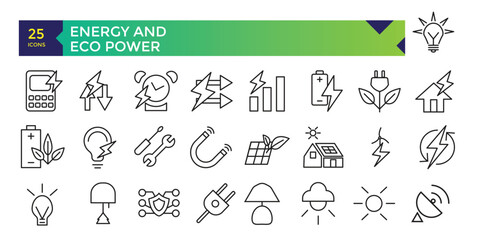Energy and ECO Power Icon Set In Outline Style. Green Energy, Renewable Energy and Other Icons