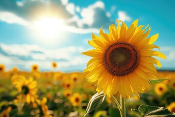 A massive sunflower towers over a sprawling field of sunflowers, adding a striking focal point to the vibrant scene, Sunflower field under the dazzling summer sun, AI Generated