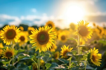 Obraz premium A field filled with vibrant yellow sunflowers, bathed in golden sunlight as the sun shines in the background, Sunflower field under the dazzling summer sun, AI Generated