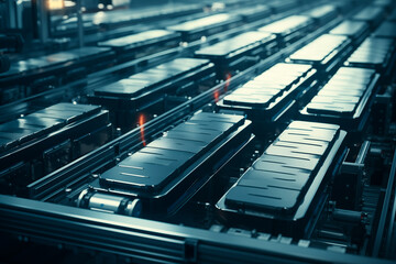 Obraz premium Batteries on an assembly line in a factory