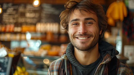 Happy young man with a beaming smile, surrounded by a cozy cafe environment and blurred background - obrazy, fototapety, plakaty
