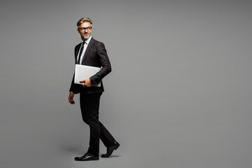 Full body happy adult employee IT business man corporate lawyer wear classic formal black suit...