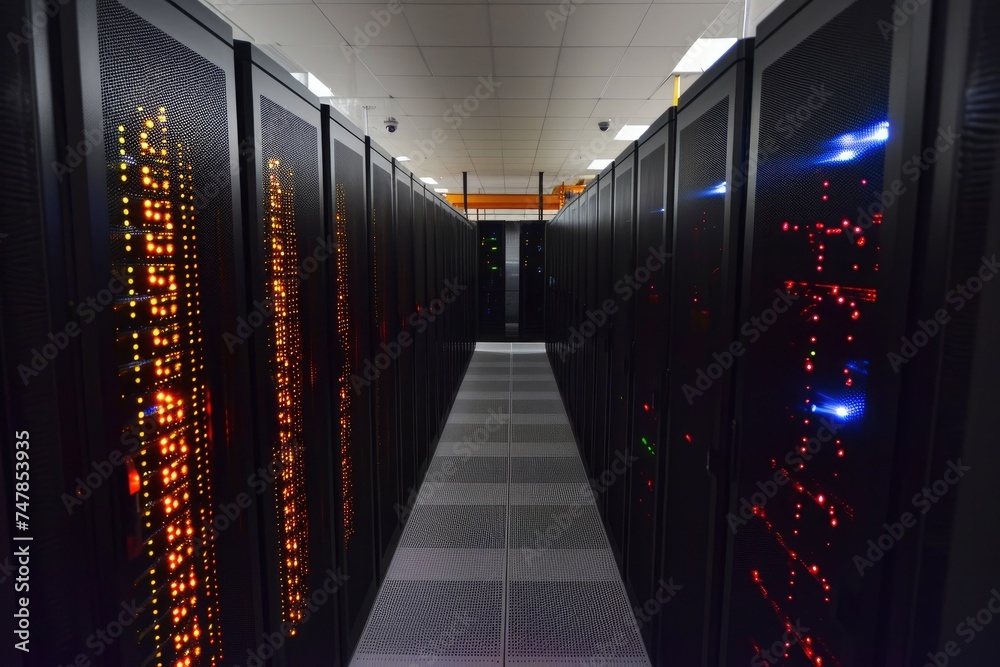 Poster a row of servers in a high-capacity data center, supercomputers competing in a processing speed race