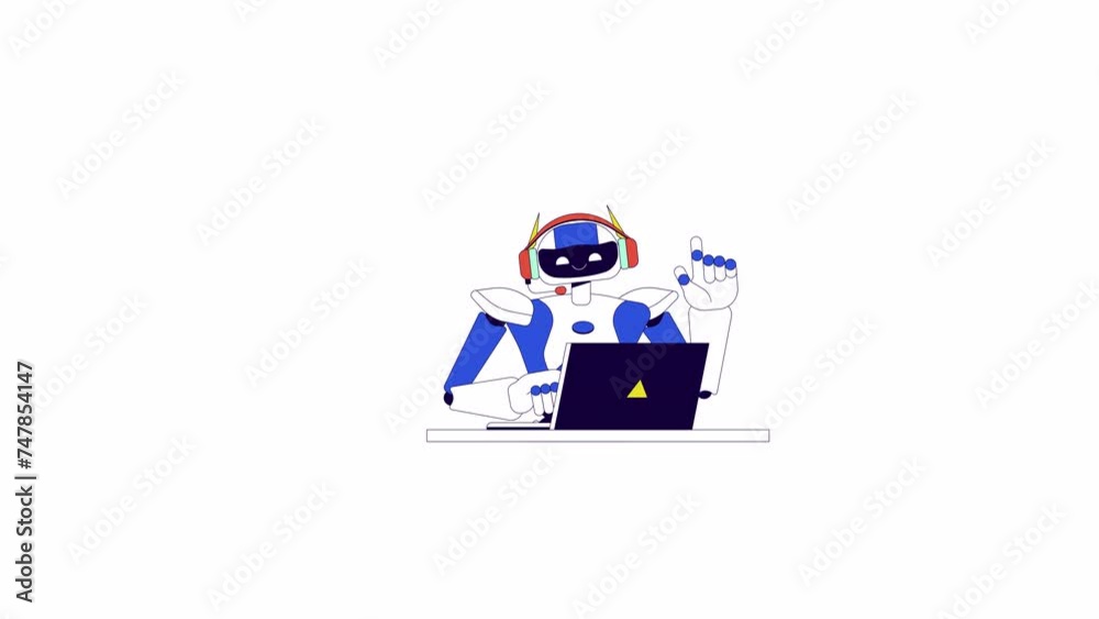 Poster robot working on laptop line 2d character animation. smart assistant in software development flat co