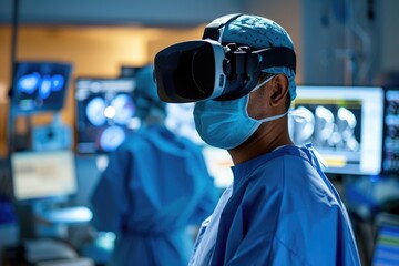 A group of doctors, wearing scrubs and surgical masks, expertly attending to patients in a hospital setting, Surgeon practicing procedure in a VR surgical simulation, AI Generated