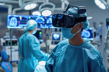 A team of doctors in a hospital are focused on operating and monitoring patients using high-tech screens and medical equipment, Surgeon practicing procedure in a VR surgical simulation, AI Generated