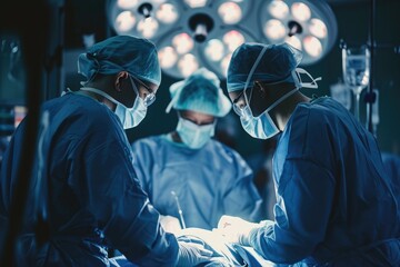 A team of surgeons diligently performing a surgical procedure in a fully-equipped operating room, Surgeons performing a robotic surgery, AI Generated