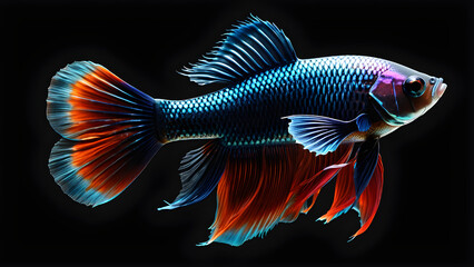 Fototapeta premium a pet animal beta ta fish on black background. fish on a black. betta fish illustration. betta fish portrait. pet fish