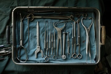 A metal tray filled with a diverse assortment of tools, offering a comprehensive selection for various tasks, Surgical tools arranged in a tray, AI Generated