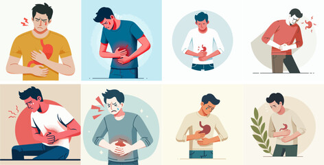 Vector set of people having stomach aches with a simple and minimalist flat design style - obrazy, fototapety, plakaty