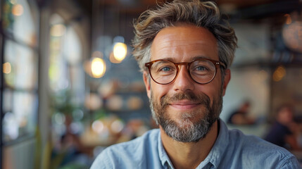 Handsome man with salt-and-pepper hair and glasses smiling in a modern restaurant - obrazy, fototapety, plakaty