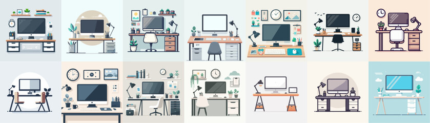Vector set of desks and computers with a simple and minimalist flat design style - obrazy, fototapety, plakaty
