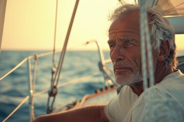 Portrait of a senior Caucasian sailor while sailing.