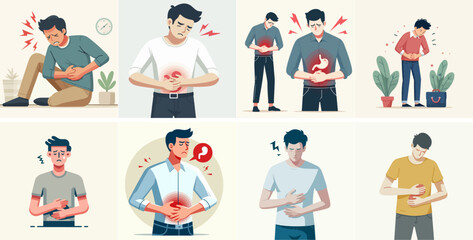 Vector set of people having stomach aches with a simple and minimalist flat design style - obrazy, fototapety, plakaty